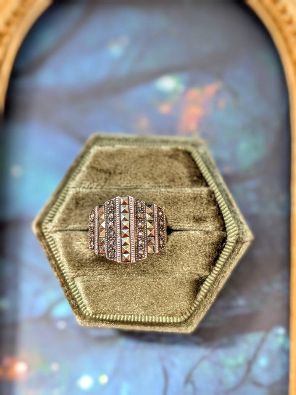 Vintage Art Deco Sterling Silver Marcasite Pyrite Ring, Size 7.5